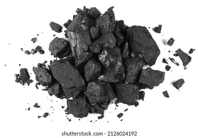 Pile Black Coal Isolated On White Texture, Top View