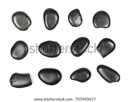 Pile black rocks, set, collection isolated on white background and texture, top view