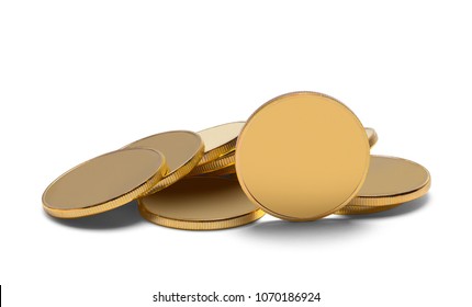 Pile Of Blank Gold Coins Isolated On A White Background.