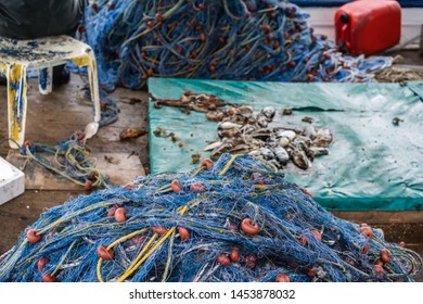 Pile Of Blue Fishing Nets And Freshly Caught Small Fish On A Boat Deck In Zante Island, Greece