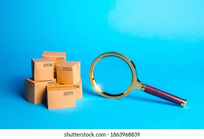 Pile Of Boxes And Magnifying Glass. Procurement Audit. Monitoring And Verification Of Goods, Import Certification. Searching Goods And Components. Quality Control. Consumer Market Research. Tracking