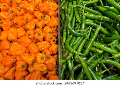 pile of bright orange habanero peppers on the left and a pile of green serrano peppers on the right - Powered by Shutterstock