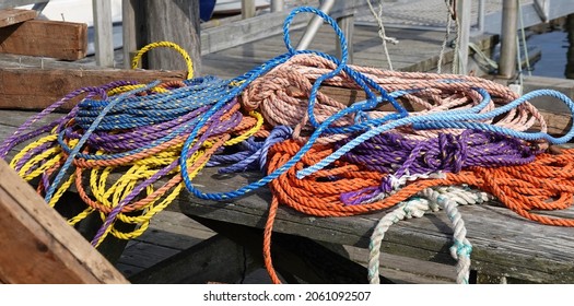 A pile of brightly coloured ropes used during Lobster fishing to attach the traps and tether them to the buoys.
