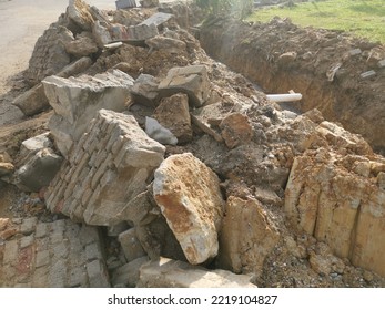 Pile Of Broken Concrete Slab By The Roadside