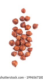 Pile of brown chickpeas, isolated on white background. Brown chickpea. Garbanzo, bengal gram or chick pea bean. Top view.