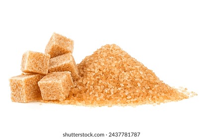 Pile of brown granulated sugar and sugar cubes isolated on a white background. Unrefined brown cane sugar pile.