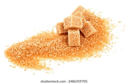 Pile of brown granulated sugar and sugar cubes isolated on a white background. Unrefined brown cane sugar pile.
