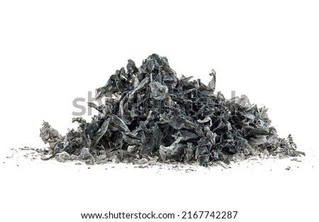 Pile of burnt paper isolated on a white background. Ashes. 商業照片 © 