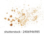 Pile cake crumbs, cookie flying isolated on white