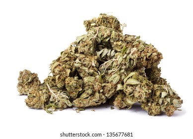 A pile of Cannabis buds that had been grown by hydroponic process, isolated on white background.