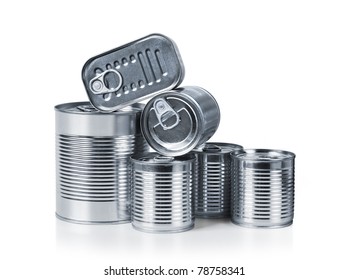 Pile Of Cans Of Conserved Food Over White Background
