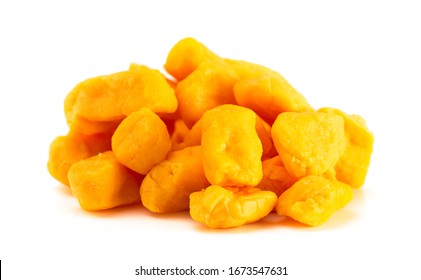 A Pile of Cheddar Cheese Curds Isolated on a White Background