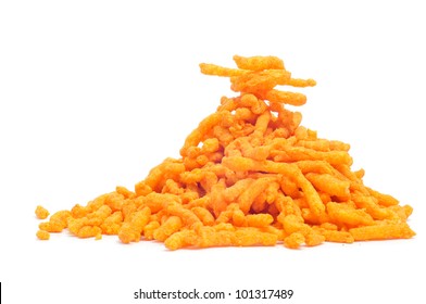 A Pile Of Cheese Puffs On A White Background