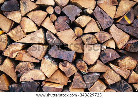 Pile of chopped fire wood prepared for winter, wood textures.
