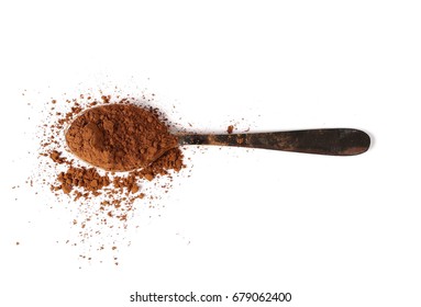 Pile Cocoa Powder With Metal Spoon Isolated On White Background