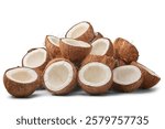 pile of coconuts cut in half isolated white background, brown fibrous husk and inner white flesh visible, abundance and freshness concept