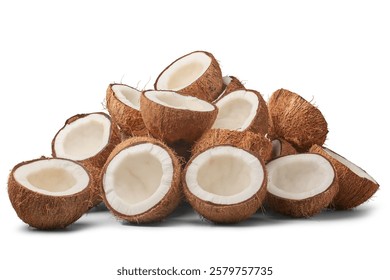 pile of coconuts cut in half isolated white background, brown fibrous husk and inner white flesh visible, abundance and freshness concept