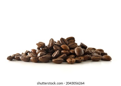 Pile of coffee beans in the center of a white table. Front view. Horizontal composition. - Shutterstock ID 2043056264