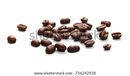 Pile coffee beans isolated on white background and texture, top view
