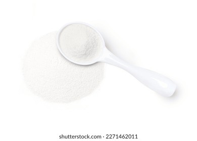 Pile of collagen powder isolated on white background. Top view. Flat lay.