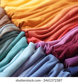 Pile of colorful folded t-shirts.Closeup of a fashion garment with rainbow colors. Background of different colorful garments, abstract fabric swatch. - Powered by Shutterstock