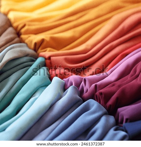 Pile of colorful folded t-shirts.Closeup of a fashion garment with rainbow colors. Background of different colorful garments, abstract fabric swatch.