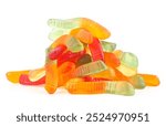 Pile of colorful jelly worm candies isolated on a white background. Sweet jelly candies.