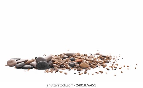 Pile colorful rounded sea pebbles and sand, rocks isolated on white - Powered by Shutterstock