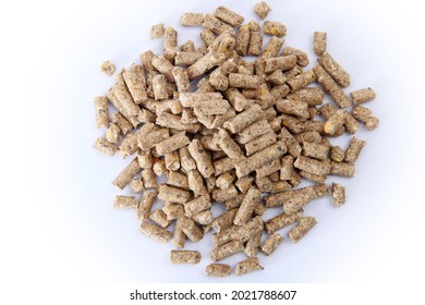 Pile Of Compound Feed Pellets Isolated On White.   Animal Feed.