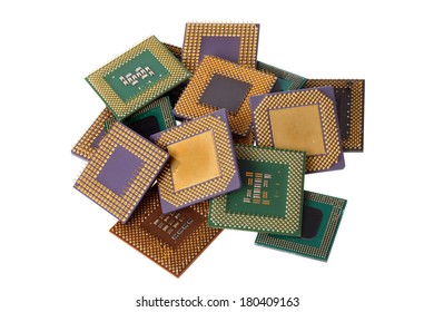 Pile Of Computer Processor Chips Cut Out On White Background