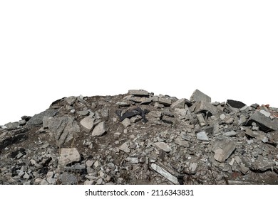 A Pile Of Construction Debris With Concrete Fragments, Bricks And Slabs Isolated On A White Background. Background. The Cut Object.