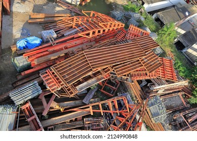 
Pile Of Construction Equipment, Metal Structure  Or Construction Waste,  Metal Scrap At Construction Site Or Collection Site.