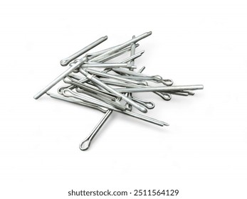 Pile of Cotter pins, or split pins, to secure clevis pins and other parts isolated on white background