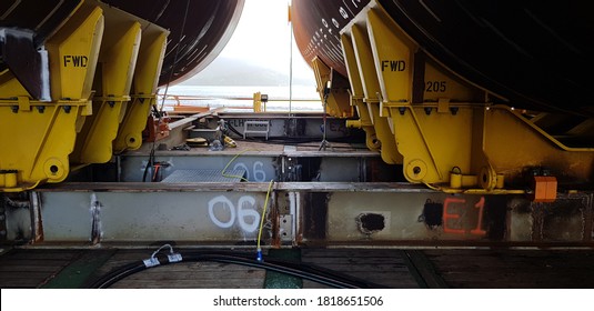 Pile In The Cradle Ready For Installation In A Wind Farm Offshore Construction Field 