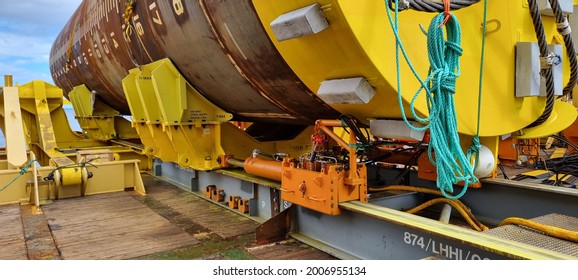 Pile In The Cradle Ready For Installation In A Wind Farm Offshore Construction Field	