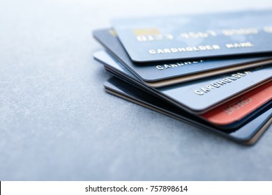 Pile Of Credit Cards On Table, Closeup