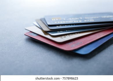 Pile Of Credit Cards On Table, Closeup