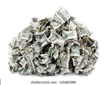 A pile of crimped 100 US$ money notes on top of each other, isolated on white background.