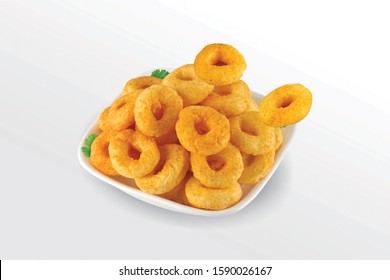 Pile of crispy Corn ring, Cream & Onion snack (Fryums - Frymus) in white dish isolated on white background, Sweet brekfast cereal rings - Image