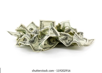 Pile of crumpled money dollar bills overs white background