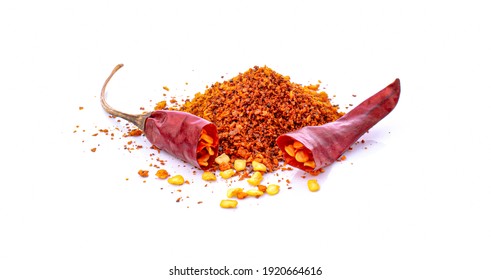 Pile Crushed Red Cayenne Pepper, Dried Chili Flakes And Seeds On White Background.