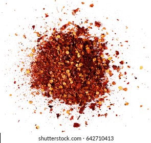 Pile Crushed Red Cayenne Pepper, Dried Chili Flakes And Seeds Isolated On White Background