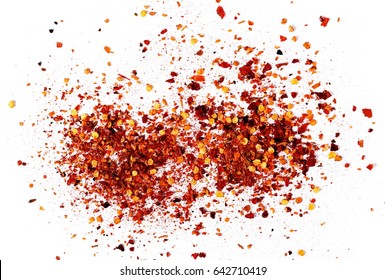 Pile Crushed Red Cayenne Pepper, Dried Chili Flakes And Seeds Isolated On White Background