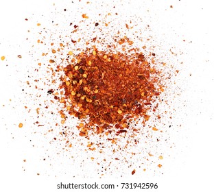 Pile Crushed Red Cayenne Pepper, Dried Chili Flakes And Seeds Isolated On White Background