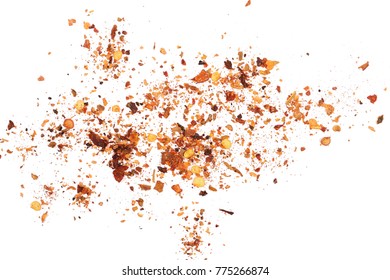 Pile Crushed Red Cayenne Pepper, Dried Chili Flakes And Seeds Isolated On White Background, Top View