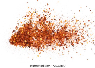 Pile Crushed Red Cayenne Pepper, Dried Chili Flakes And Seeds Isolated On White Background, Top View