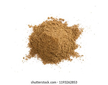 Pile of cumin powder isolated on white background. Heap of ground caraway.