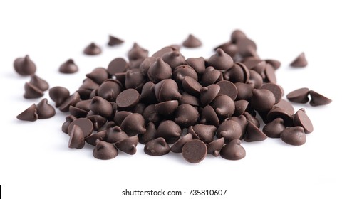 Pile Of Dark Chocolate Chips Isolated On White Background.