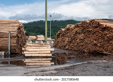 Pile of debarked Log trunks, the logging timber wood industry.