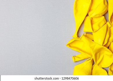 Pile Of Deflated Yellow Balloons On A White Background. Clean Pure Baloon Template. Logo, Texture, Pattern Presentation Plain Aerostat Design Element.